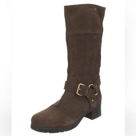Prada Brown Mid calf Suede Biker Boots with Gold Buckle Logo EU 39 US 9 - Picture 1 of 13